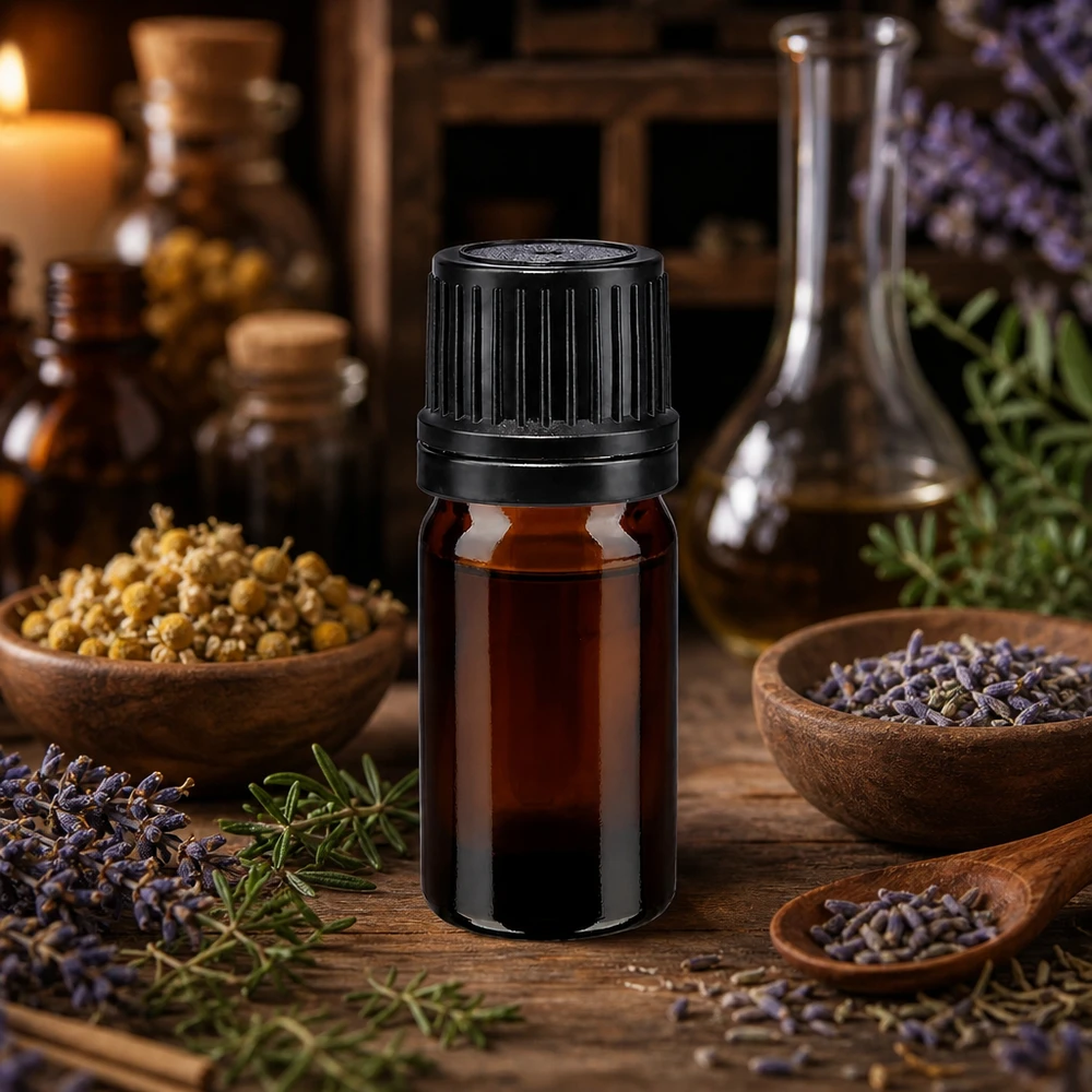 Butelka z brązowego szkła o pojemności 5 ml, chroniąca przed światłem, z zabezpieczonym przed dziećmi zamknięciem gwarantującym oryginalność produktu, w kolorze czarnym