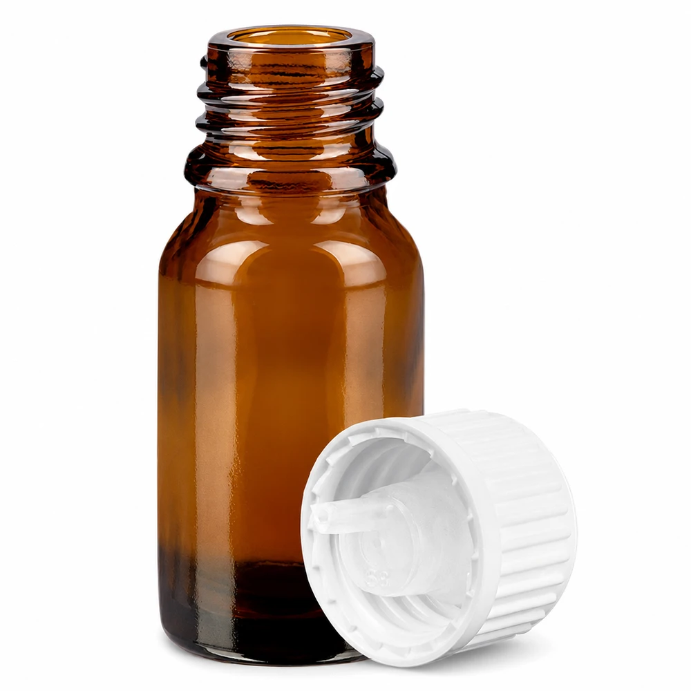 Butelka z kroplomierzem 10 ml 0,9 mm biała STD BrownLine UT18/10 Mała butelka z zakraplaczem o pojemności 10 ml wykonana z bursztynowego szkła z precyzyjną nasadką z zakraplaczem 0,9 mm z serii BrownLine