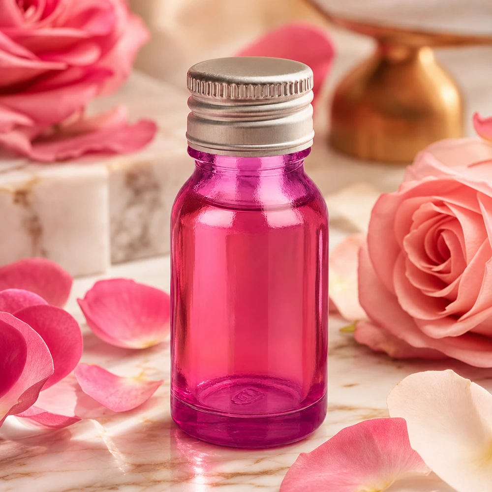 Mała szklana buteleczka o pojemności 10 ml ze srebrną zakrętką, idealna do kosmetyków i perfum.