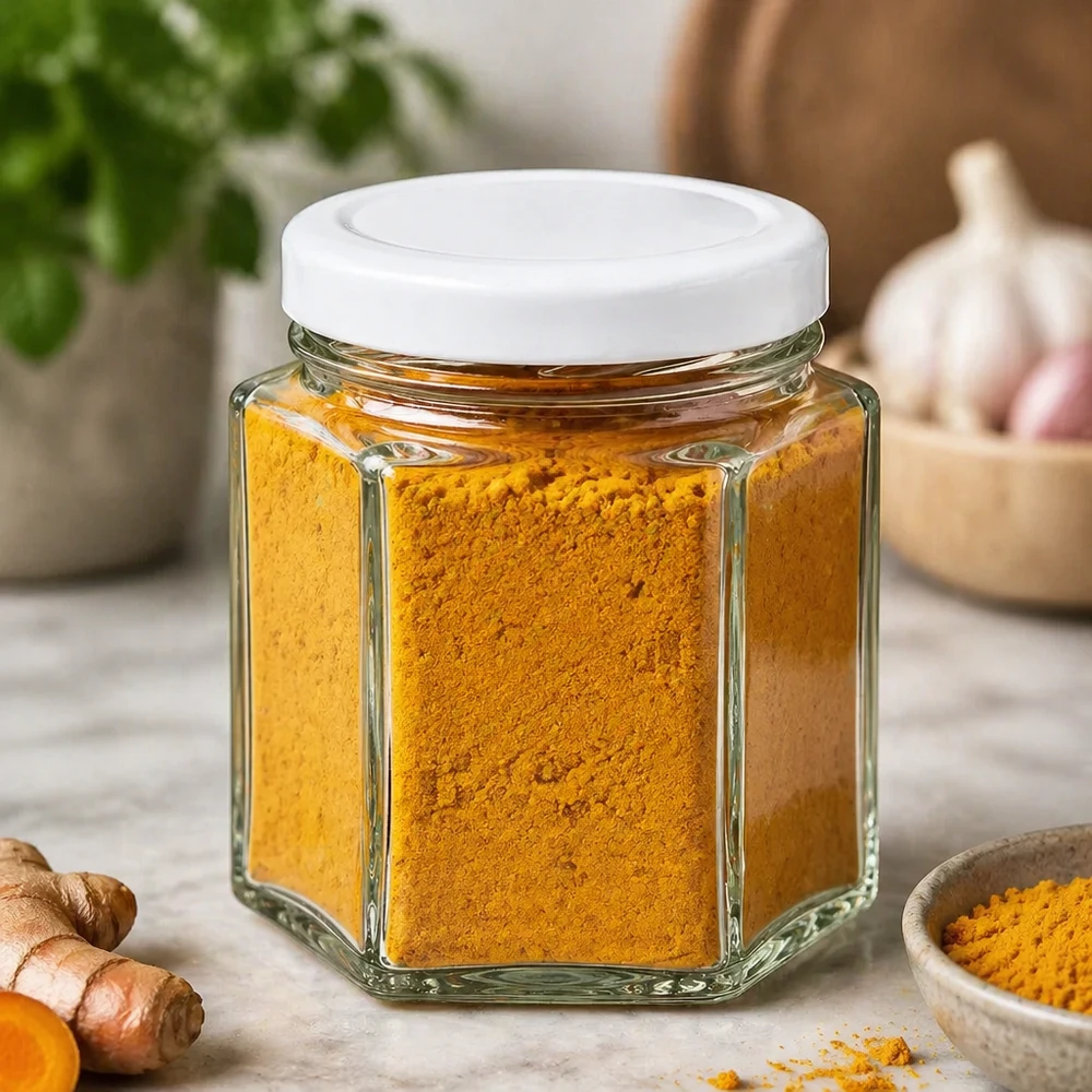 Szklanka sześciokątna 47 ml z pokrywką BasicSeal biała UNiTWIST 47 ml sześciokątny szklany słoik z białą pokrywką wypełniony kurkumą w proszku w naturalnym środowisku kuchennym z imbirem