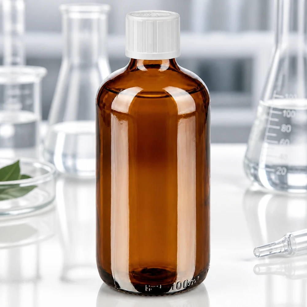 Butelka z brązowego szkła o pojemności 100 ml z białym zamknięciem zabezpieczającym przed dziećmi i kroplomierzem, przeznaczona do użytku w warunkach laboratoryjnych