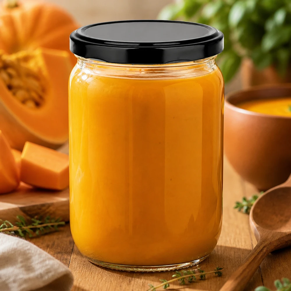 Okrągła butelka szklana o pojemności 555 ml + czarna pokrywka BasicSeal UNiTWIST Okrągły słoik UniTwist o pojemności 555 ml z czarną pokrywką BasicSeal, wypełniony kremową zupą dyniową