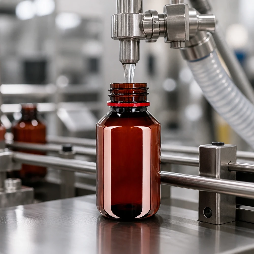 Butelka PET 100 ml z białą/czerwoną nakrętką OV Automatyczna linia rozlewnicza napełnia brązową butelkę PET o pojemności 100 ml z czerwonym pierścieniem zabezpieczającym