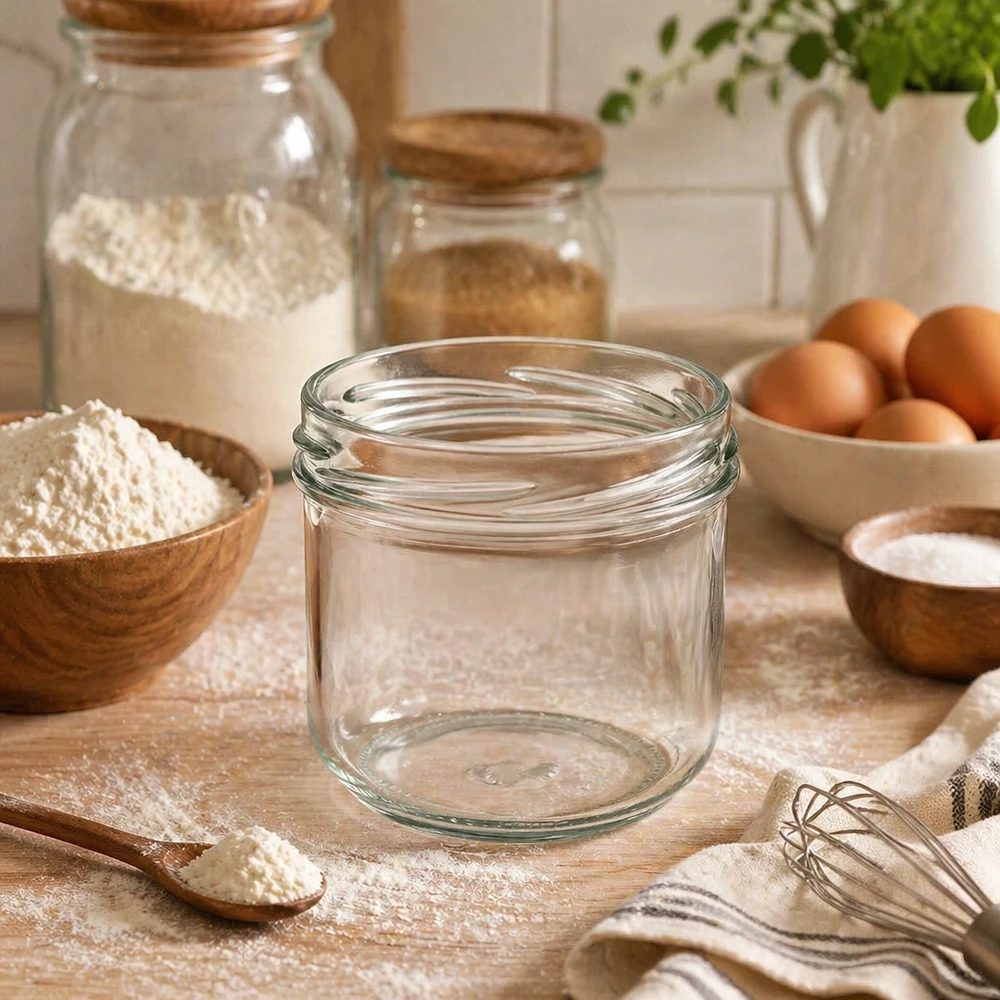 UNiTWIST Sturz260 okrągły słoik 260ml TO82 pusty słoik do przetworów na stole kuchennym ze składnikami do pieczenia mąka jajka