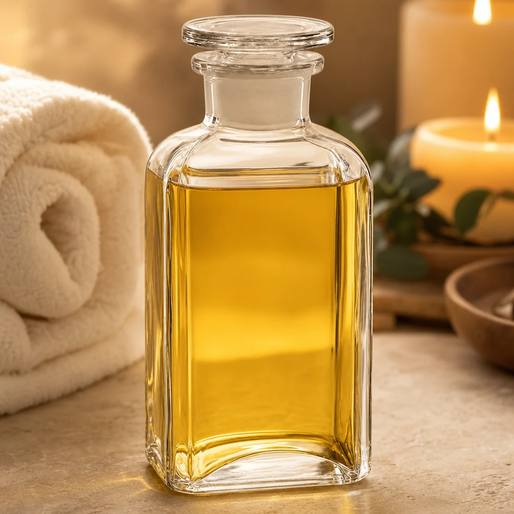Butelka apteczna o pojemności 250 ml, z kwadratowym korpusem, z przezroczystego szkła, z szeroką szyjką i szklanym korkiem, wypełniona żółtym olejem