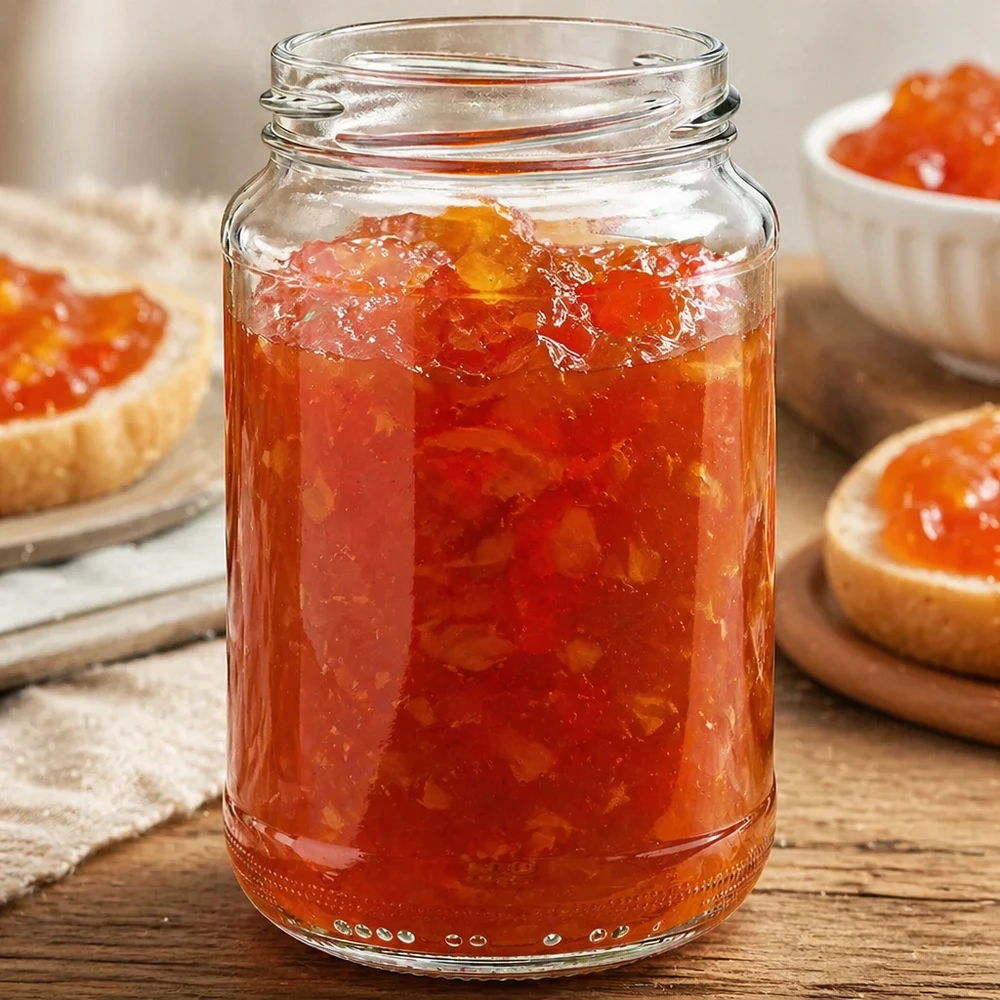 UNiTWIST Runda375 - Okrągły słoik o pojemności 375ml TO63 UNiTWIST Runda375 Rundglas 375ml gefüllt mit hausgemachter Orangenmarmelade auf Holztisch neben Marmeladenbrot