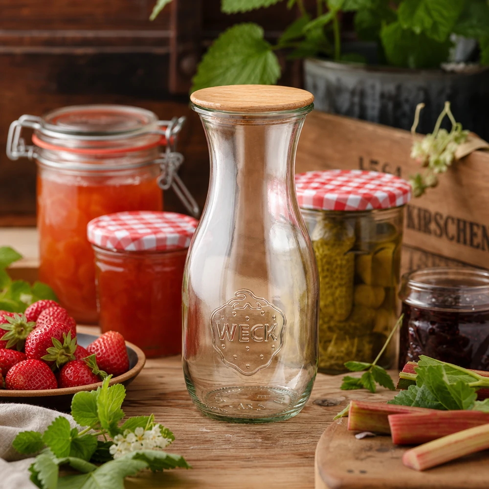 Szklana butelka WECK 530ml RR60 z drewnianą pokrywką w rustykalnej kuchni obok słoików z dżemem i truskawkami