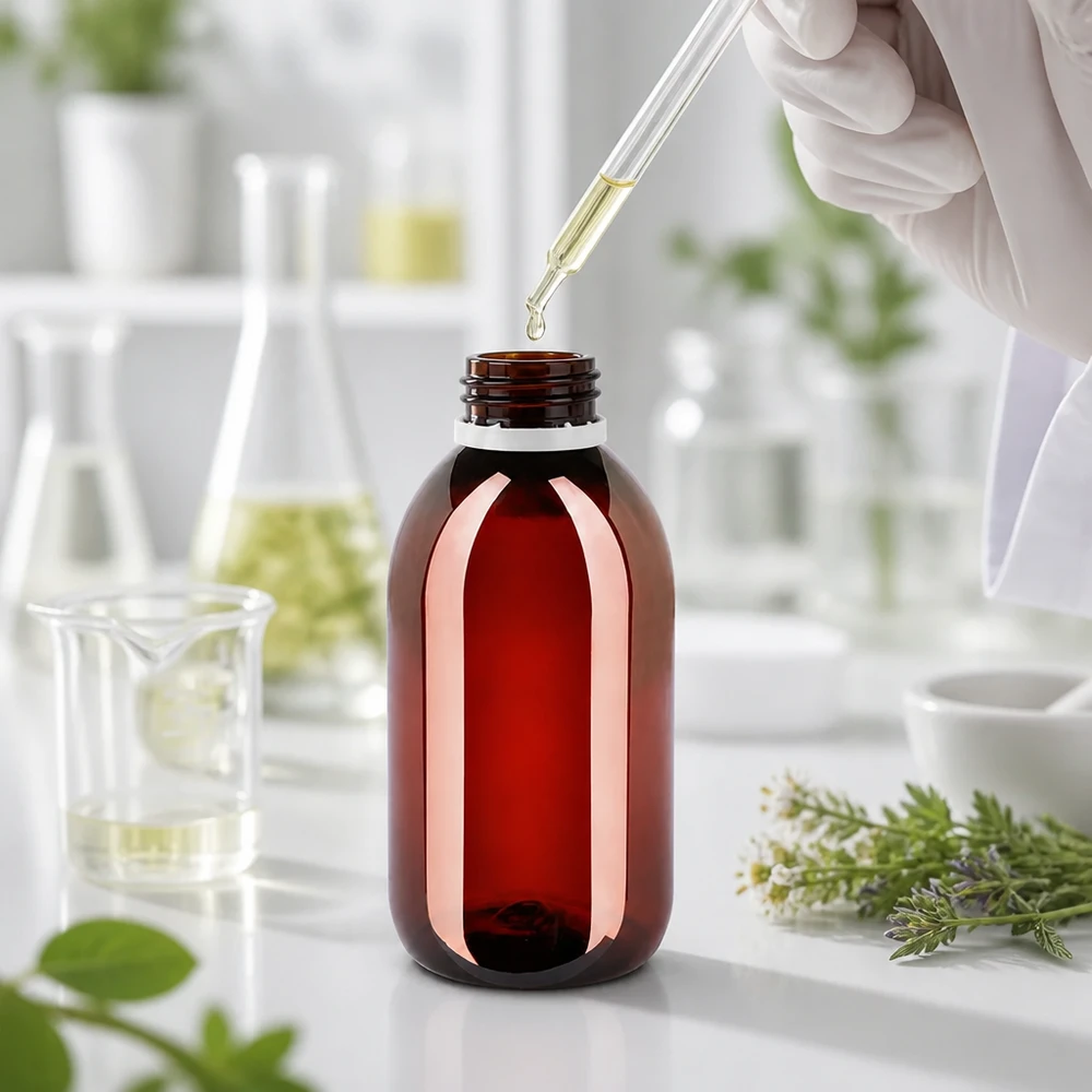 Butelka PET 250 ml z białym karbowanym OV Brązowa butelka apteczna o pojemności 250 ml z białym zamknięciem zabezpieczającym przed dziećmi, przeznaczona do olejków eterycznych