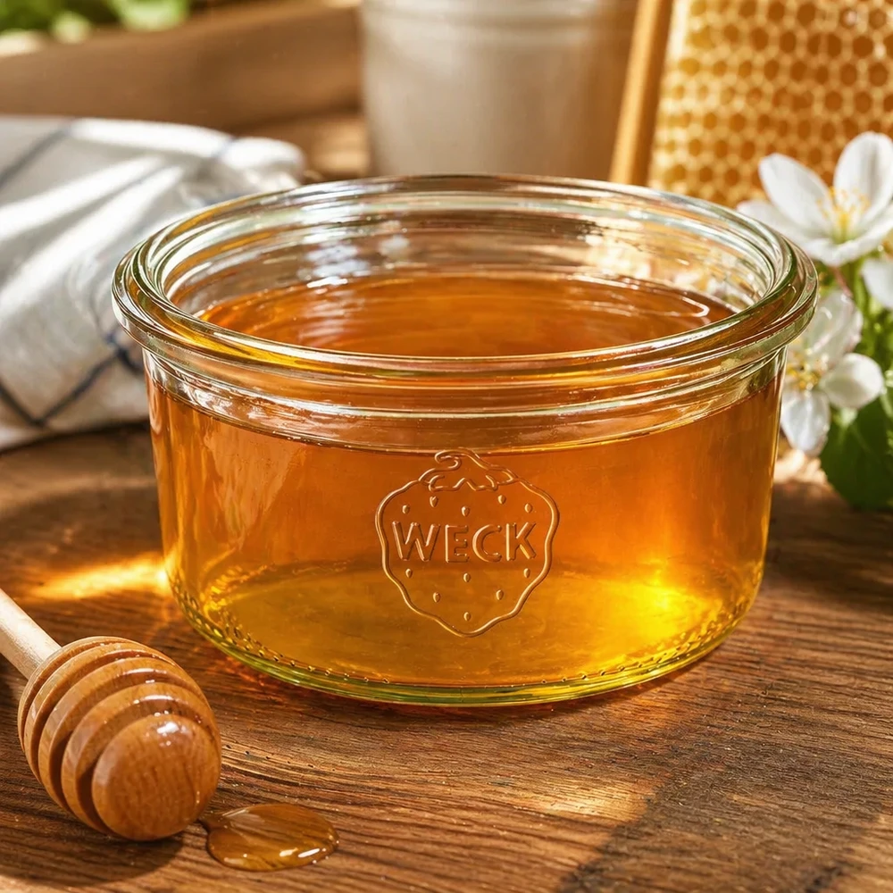 Szklanki WECK RR80 o pojemności 165 ml wypełnione miodem na drewnianym stole z łyżką miodu i plastrem miodu w tle