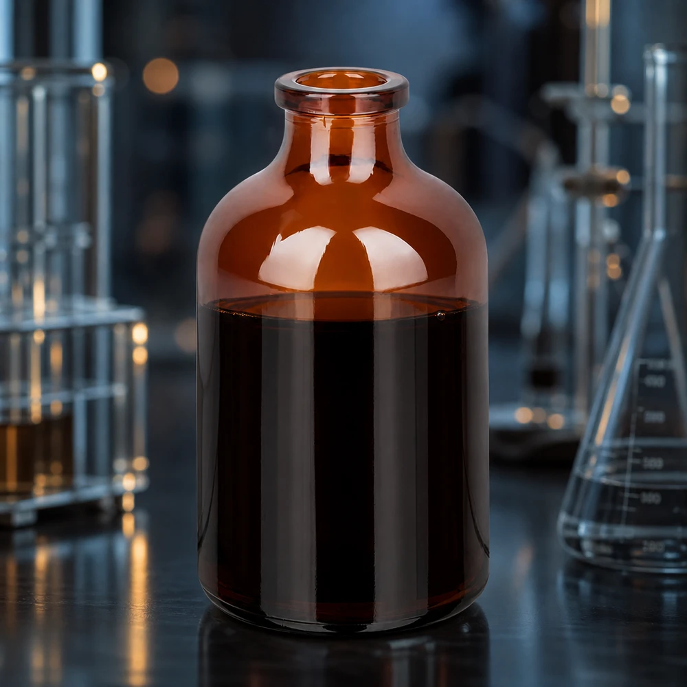 Butelka iniekcyjna z bursztynowego szkła 50 ml Braunglas Vial 50ml mit tiefbraunem flüssigem Inhalt und Erlenmeyerkolben im Hintergrund