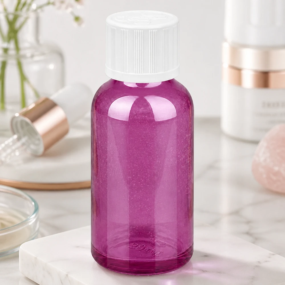 Butelka z zakraplaczem 30 ml 1,2 mm biała, standardowo zabezpieczona przed dziećmi PurpleLine.UT18/30 Przezroczysta butelka z zakraplaczem 30 ml w kolorze fioletowym z białą nasadką zabezpieczającą przed dziećmi do bezpiecznego przechowywania