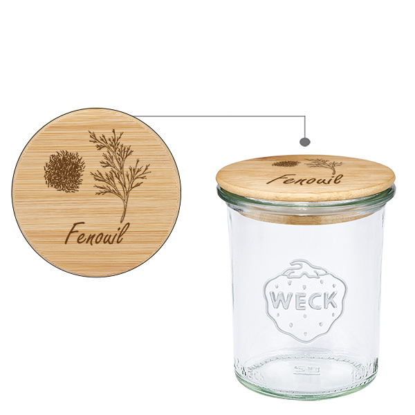 Drewniana pokrywka „Fenouil” ze szklanym naczyniem WECK 160 ml Drewniana pokrywka „Fenouil” ze szklanym naczyniem WECK 160 ml