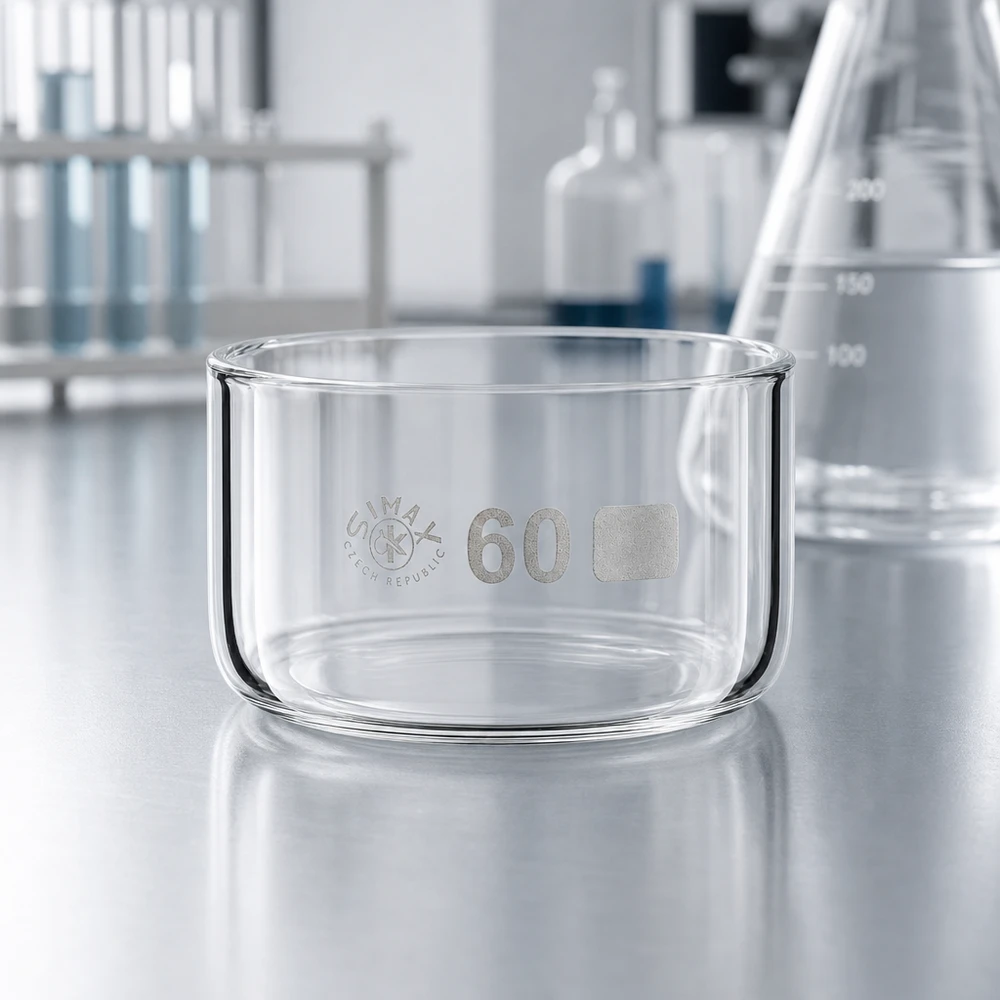 Pusta miska krystalizacyjna Simax o pojemności 60 ml, wykonana ze szkła borokrzemowego, cylindryczna, o średnicy 60 mm, na blacie laboratoryjnym