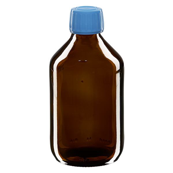 Butelka na lek 250 ml brązowa, niebieska zakrętka z pierścieniem zabezpieczającym ApoGlas. Farmaceutyczna jakość produkcji UE. Gwint 28 mm (PP28). (syrop, butelka z lekkiego szkła) Butelka na lek 250 ml brązowa, niebieska zakrętka z pierścieniem zabezpieczającym ApoGlas. Farmaceutyczna jakość produkcji UE. Gwint 28 mm (PP28). (syrop, butelka z lekkiego szkła)