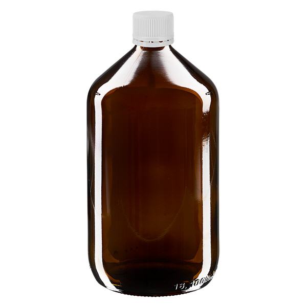 Butelka na lek 1000 ml brązowa, zakrętka biała z pierścieniem zabezpieczającym ApoGlas. Farmaceutyczna jakość produkcji UE. Gwint 28 mm (PP28). (syrop, butelka z lekkiego szkła) Butelka na lek 1000 ml brązowa, zakrętka biała z pierścieniem zabezpieczającym ApoGlas. Farmaceutyczna jakość produkcji UE. Gwint 28 mm (PP28). (syrop, butelka z lekkiego szkła)