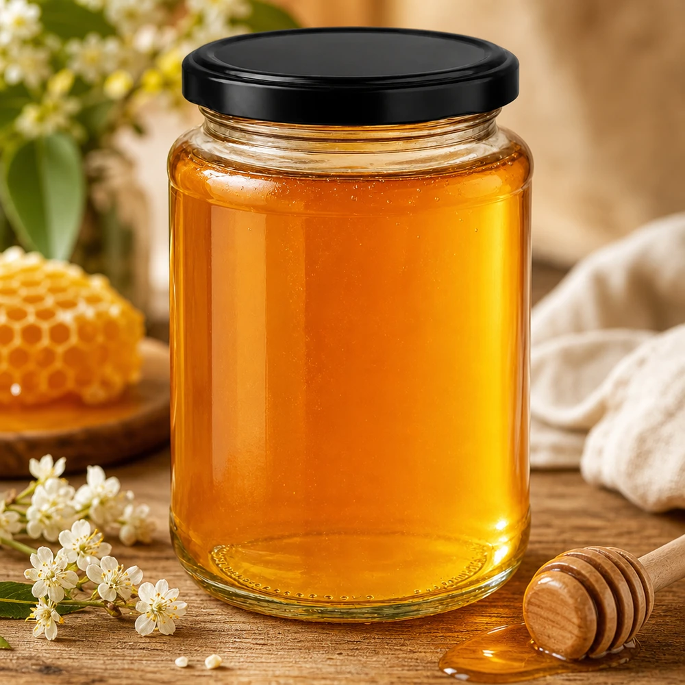 382ml okrągły słoik BasicSeal czarny wypełniony miodem słoik na miód plaster miodu kwiaty drewniana łyżka naturalny