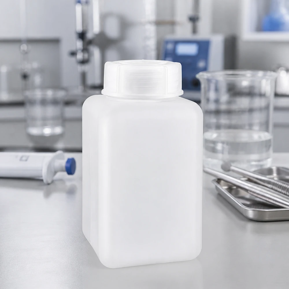 Prostokątna butelka na chemikalia z PE-HD o pojemności 1000 ml, z szeroką szyjką, w kolorze naturalnym, na stole laboratoryjnym wraz z zlewką