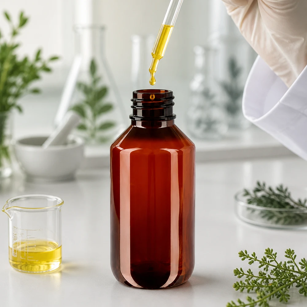 Butelka PET 200 ml z czarną nakrętką OV Lichtschutzflasche 200ml aus PET bernstein mit Spritzverschluss für Aromatherapie