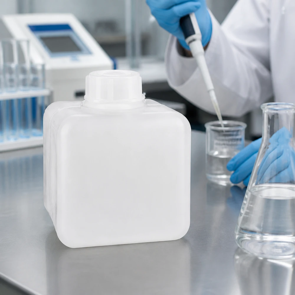 Butelka na chemikalia z PE-HD o pojemności 500 ml, z wąską szyjką, w kolorze naturalnym, w laboratorium obok kolby Erlenmeyera i zlewki