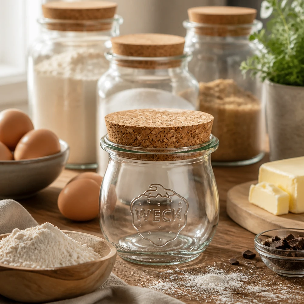 Słoik tulipan 75ml WECK RR40 z korkiem naturalny WECK słoik tulipan 75ml RR40 z korkową pokrywką w rustykalnej scenerii kuchennej z jajkami, mąką, masłem i składnikami do pieczenia