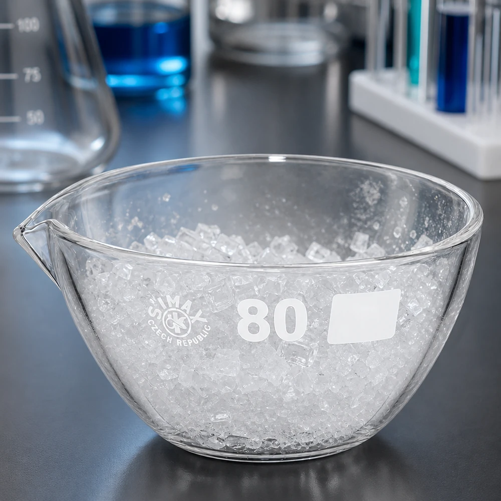 Okrągłe naczynie do odparowywania 90 ml z przezroczystego borokrzemianu z wylewką o średnicy 80 mm do prac laboratoryjnych