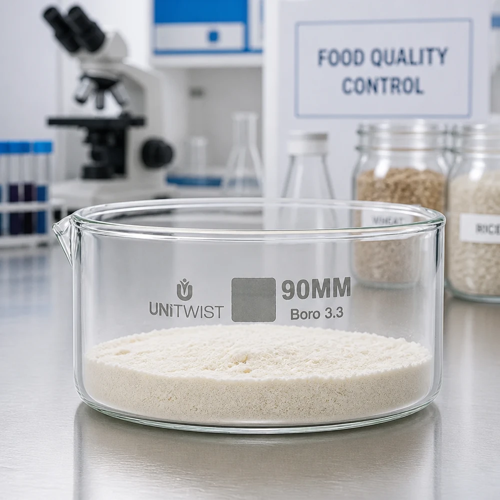 Naczynie krystalizacyjne ø90 mm ze szkła borokrzemowego UNiTWIST Miska do krystalizacji 90 mm UNiTWIST Boro 3.3 z białym proszkiem mącznym – laboratorium kontroli jakości żywności