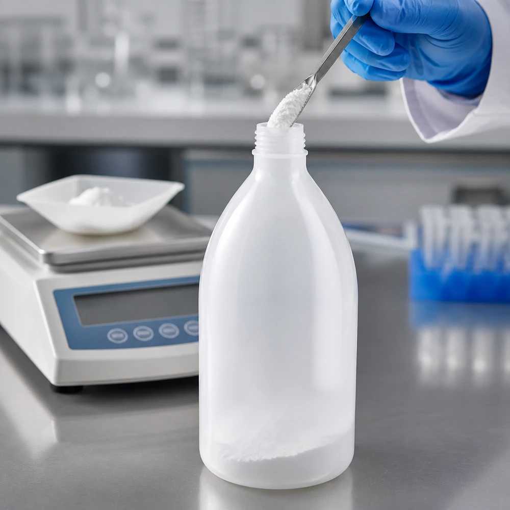 Butelka laboratoryjna o pojemności 1000 ml z wąską szyjką, bez pokrywki, podczas napełniania białym proszkiem w laboratorium