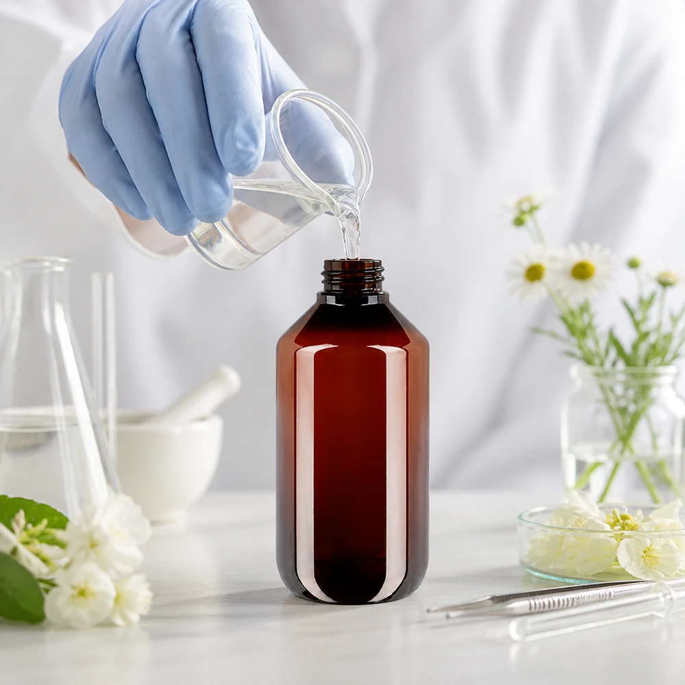 Butelka PET 200 ml z białym standardem OV Butelka PET z ochroną przed światłem, 200 ml, brązowa z białym opakowaniem zewnętrznym, przeznaczona do płynnych kosmetyków naturalnych
