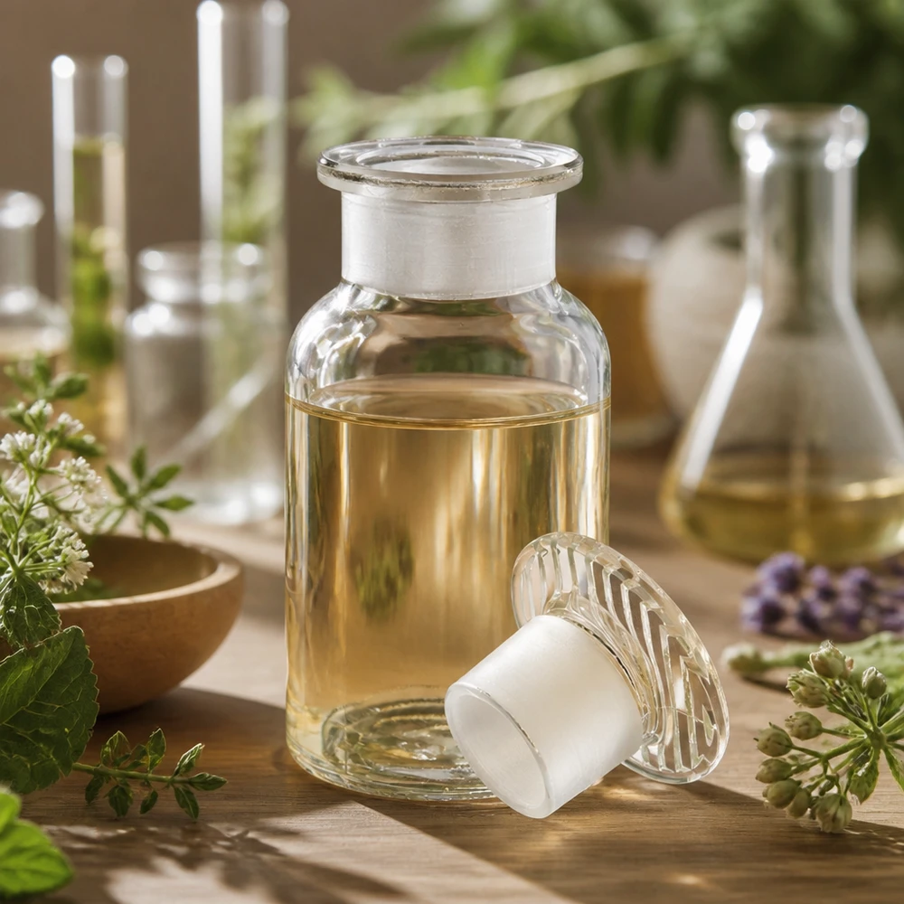 Okrągła butelka na ramię 100 ml, przezroczysta, szklana zatyczka z szeroką szyjką Butelka o zaokrąglonych ramionach, 100 ml, przezroczysta, z szeroką szyjką i szklanym korkiem, przeznaczona do olejków eterycznych i ekstraktów
