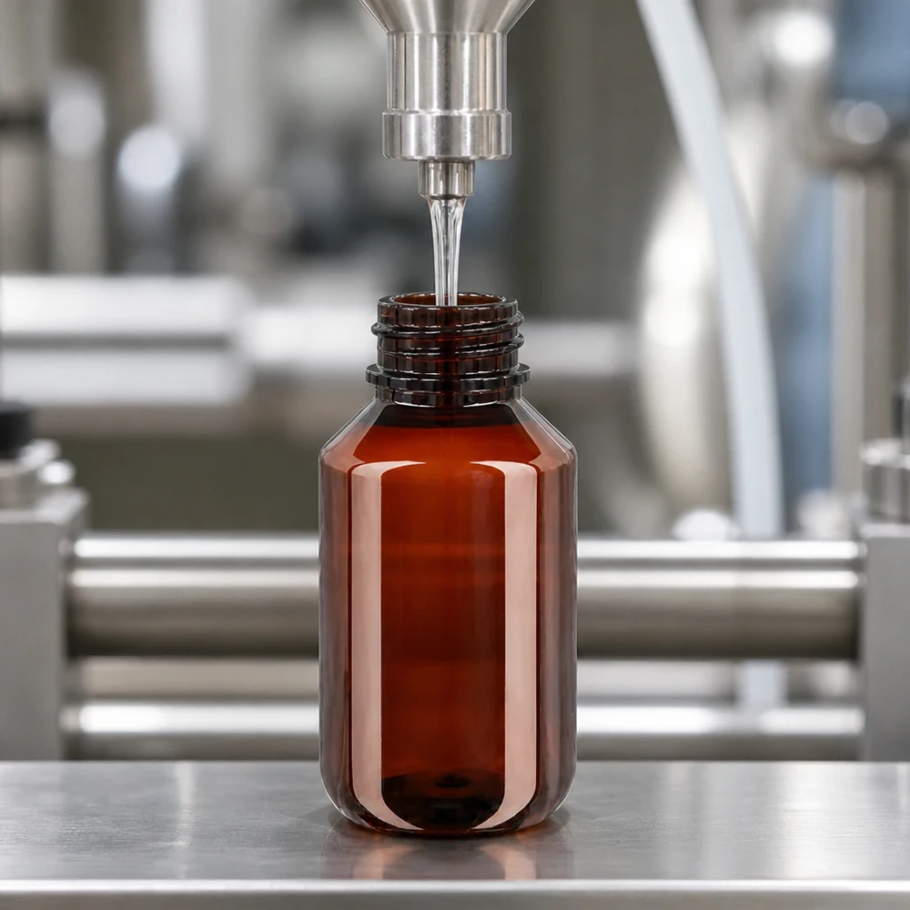 Butelka PET 100 ml z czarną nakrętką OV Hochwertige 100ml Kunststoffflasche UV-geschützt bernsteinfarben mit kindersicherem Spritzverschluss