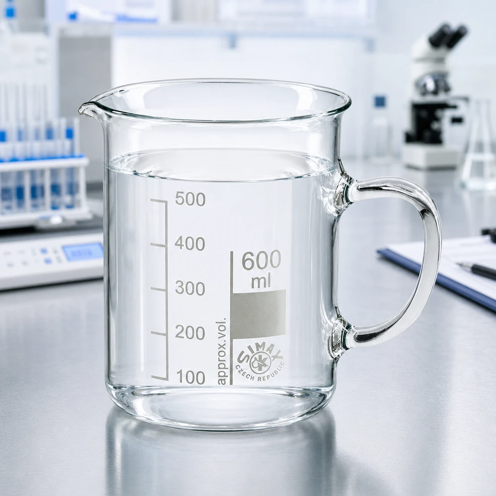 Zlewka 600 ml ze szkła borokrzemowego, z uchwytem Przezroczysta szklanka o pojemności 600 ml z uchwytem marki Simax z Czech na stole laboratoryjnym z mikroskopem