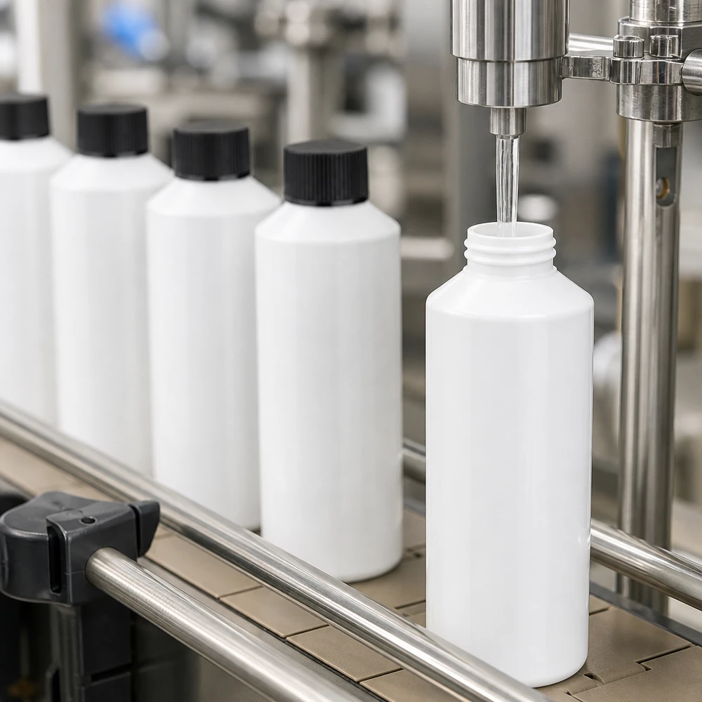 Przemysłowa linia rozlewnicza napełnia białe butelki apteczne z HDPE o pojemności 100 ml z czarnymi zakrętkami
