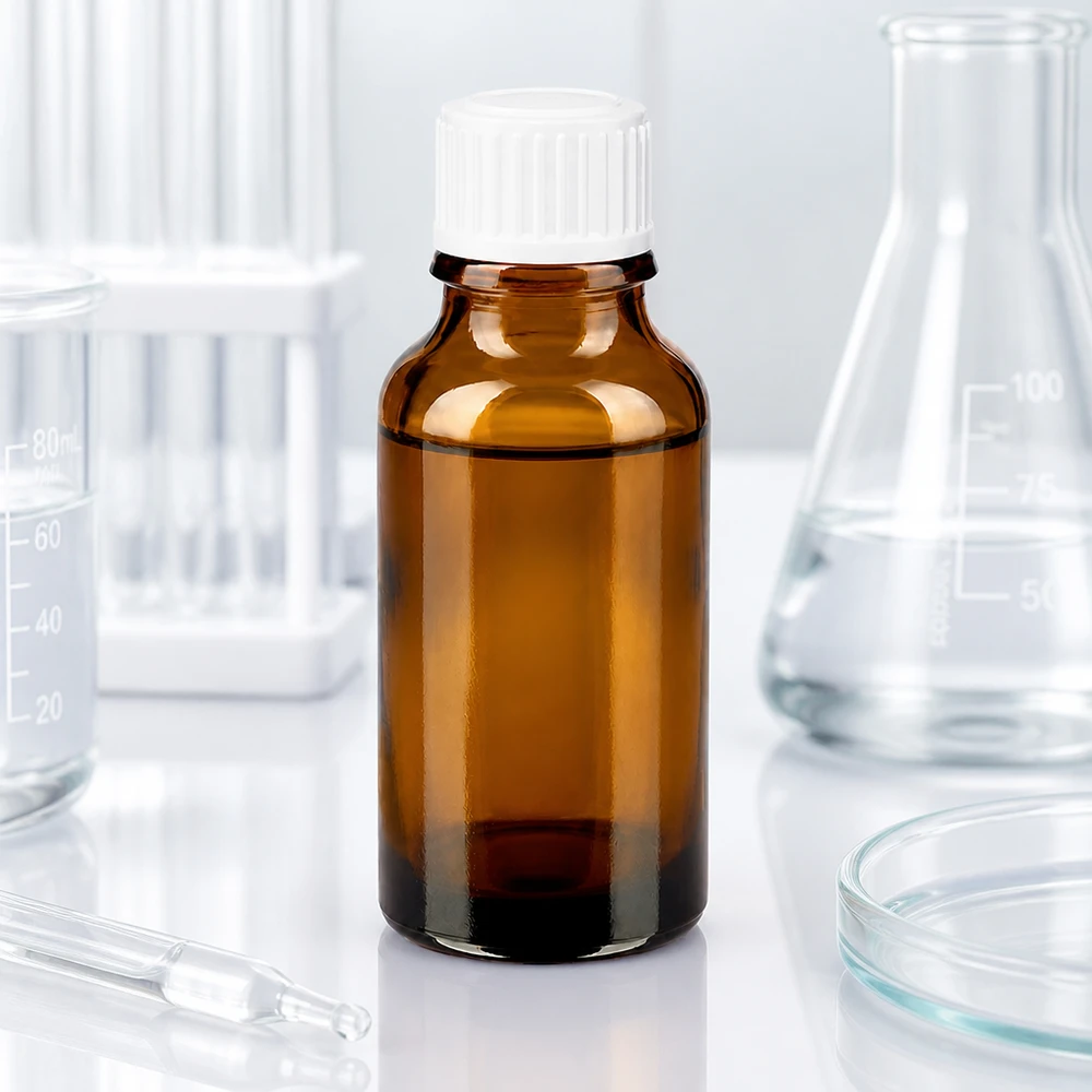 Brązowa butelka apteczna o pojemności 20 ml z białym korkiem SV STD 11 mm w laboratorium, pomiędzy kolbą Erlenmeyera a zlewką