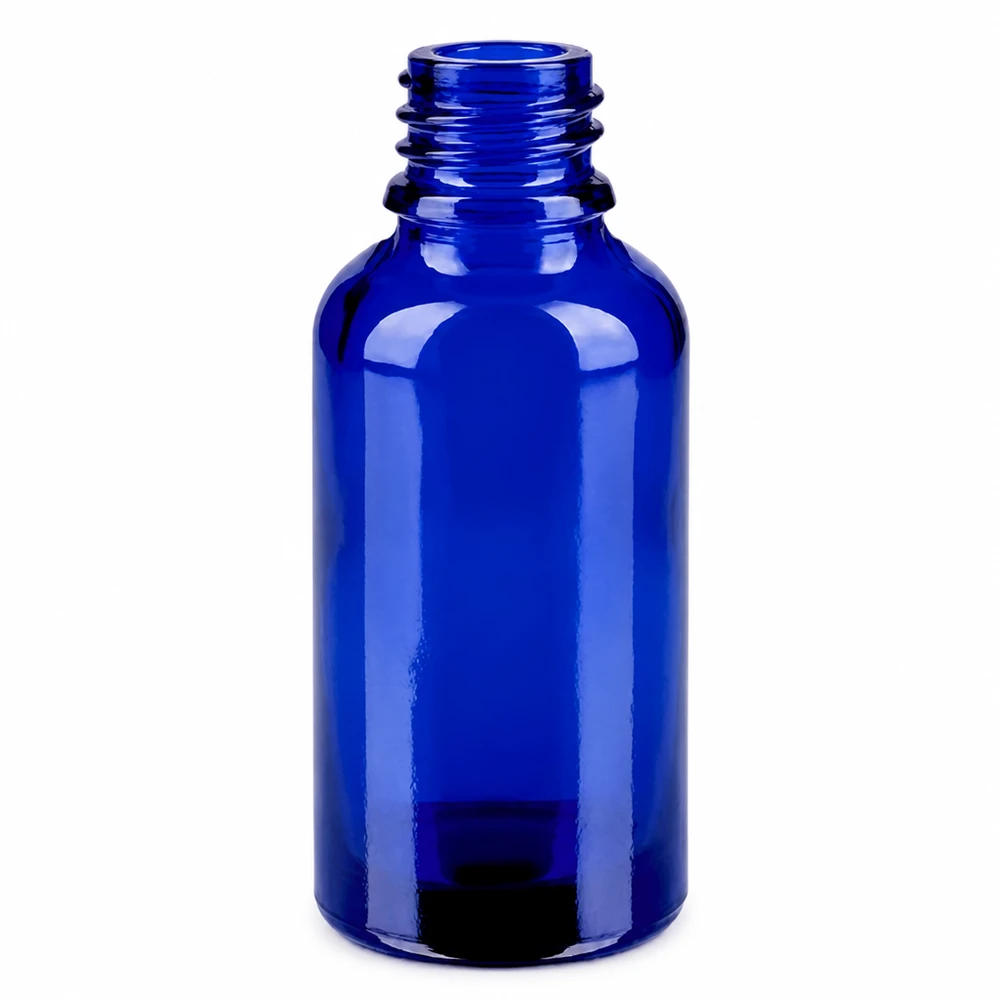 Butelka ze spryskiwaczem 30 ml biała/przezroczysta STD BlueLine UT18/30 Niebieska szklana butelka 30 ml z gwintem do olejków eterycznych i aromaterapii