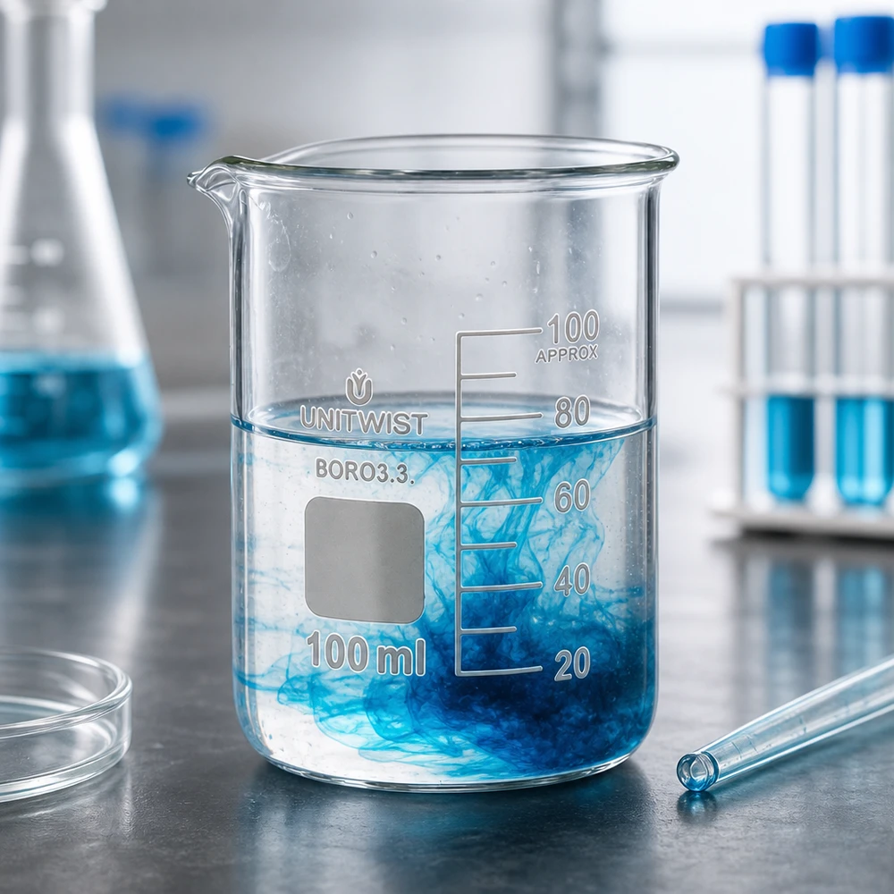 Zlewka 100 ml borokrzemianowa, niski kształt UNiTWIST Przezroczysta zlewka laboratoryjna o pojemności 100 ml z niebieską cieczą rozpraszającą się na metalowej powierzchni