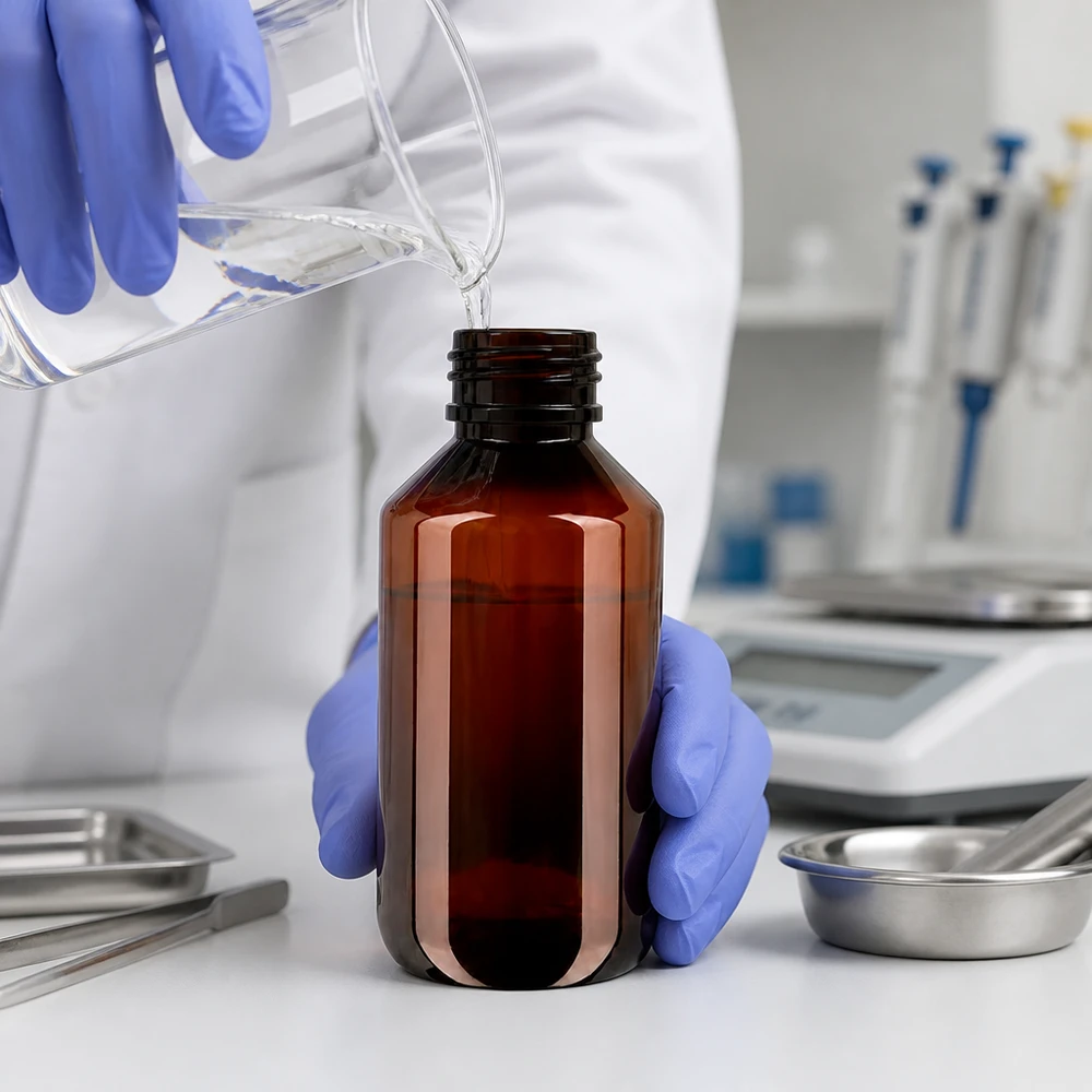 Poręczna brązowa butelka PET o pojemności 200 ml podczas napełniania płynem w warunkach laboratoryjnych