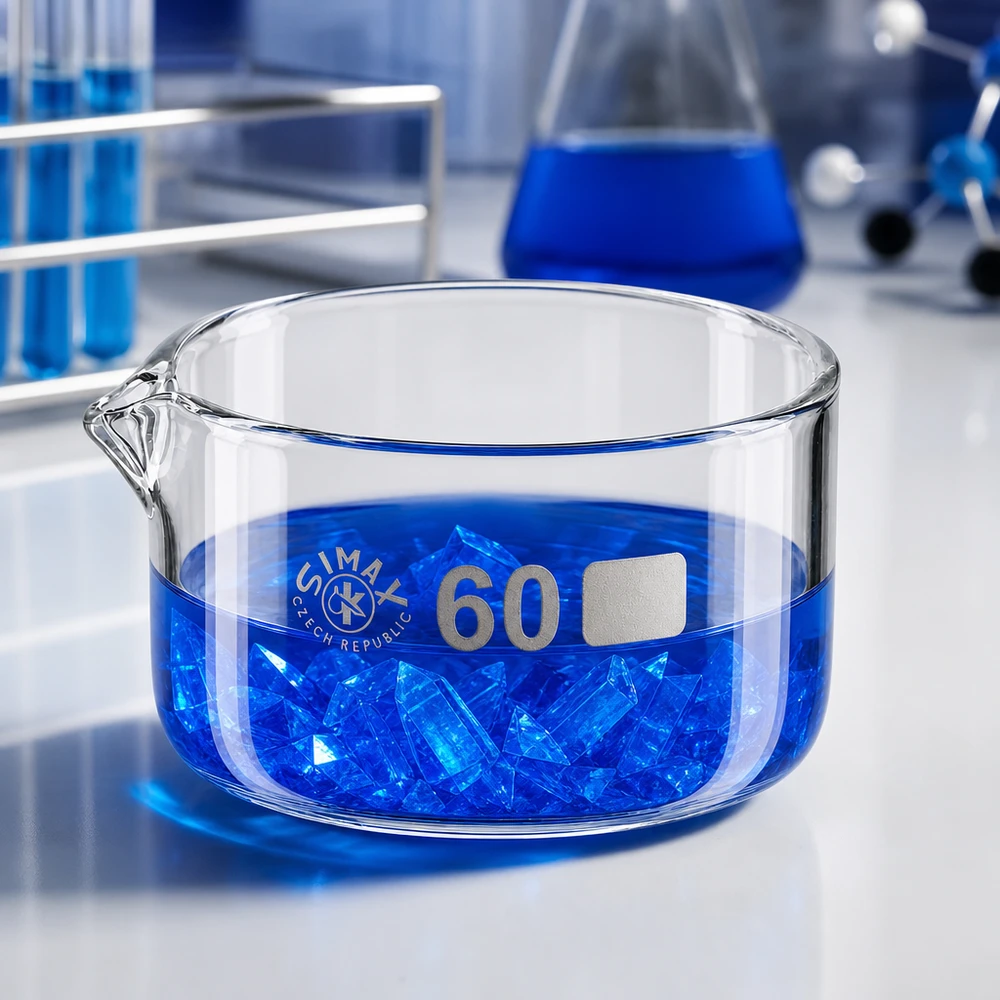 Miska krystalizacyjna Simax 60 ml, szkło borokrzemowe, niebieskie kryształki, miska laboratoryjna cylindryczna, płaska, przezroczysta