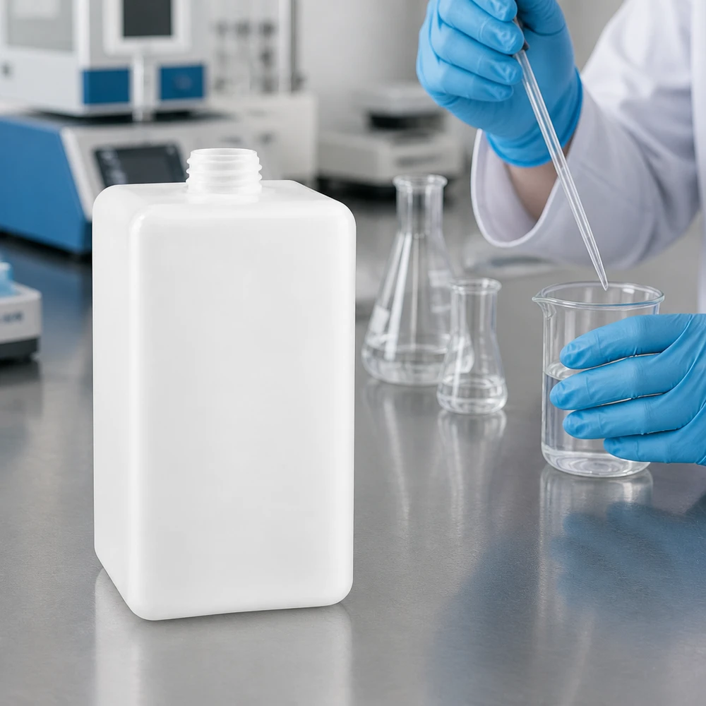 Butelka z wąską szyjką z PE-HD o pojemności 1500 ml, z gwintem GL 32, obok kolby Erlenmeyera i zlewki w laboratorium