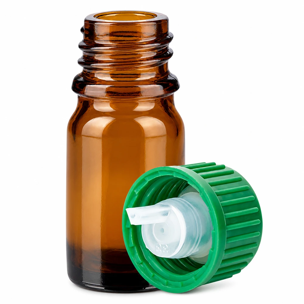 Butelka z brązowego szkła o pojemności 5 ml z zakraplaczem 0,8 mm i zieloną zakrętką do aromaterapii