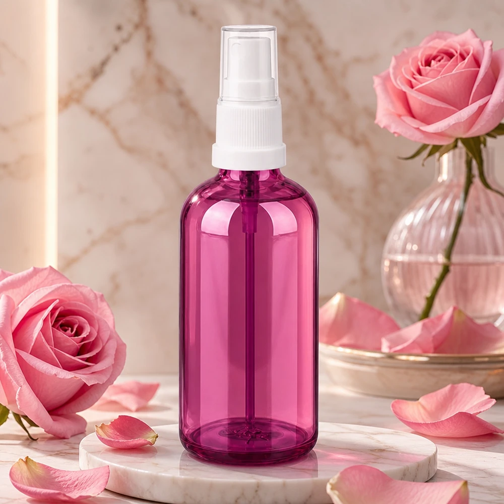 Butelka z rozpylaczem 100 ml biała/przezroczysta Standard PurpleLine UT18/100 Butelka z pompką o pojemności 100 ml z białą głowicą rozpylającą w eleganckim fioletowym szkle