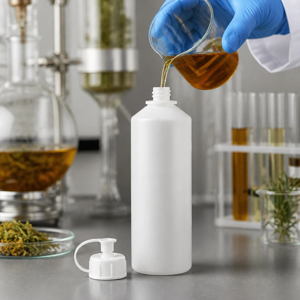 Butelka apteczna HDPE 100ml z zakrętką, z rozpylaczem Biała butelka z tworzywa sztucznego o pojemności 100 ml jest napełniana bursztynowym ekstraktem roślinnym z szklanego naczynia