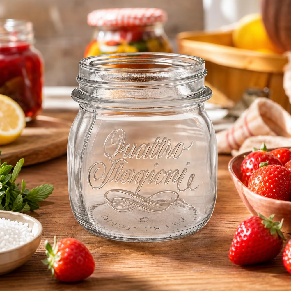 Szklanka domowa "Quattro Stagioni" o pojemności 250 ml Słoik na przetwory Quattro Stagioni o pojemności 250 ml na drewnianym stole ze świeżymi truskawkami i przyborami kuchennymi do przetworów