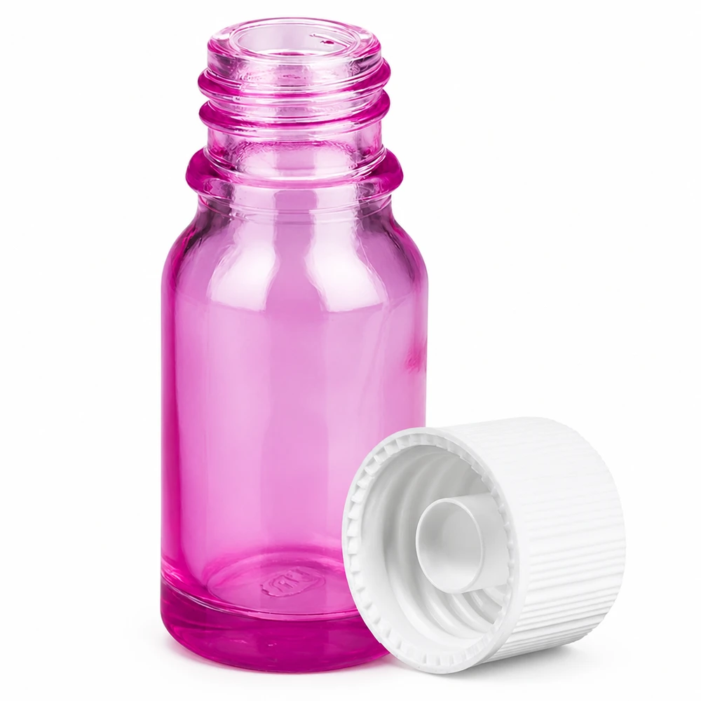 Mała szklana buteleczka o pojemności 10 ml w kolorze fioletowym z białą zakrętką, idealna do aromaterapii i kosmetyków naturalnych.