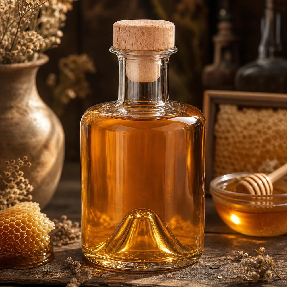 200 ml szklana butelka Sofia z drewnianym korkiem wypełniona miodem w rustykalnej kuchni obok plastra miodu i dzbanka na miód