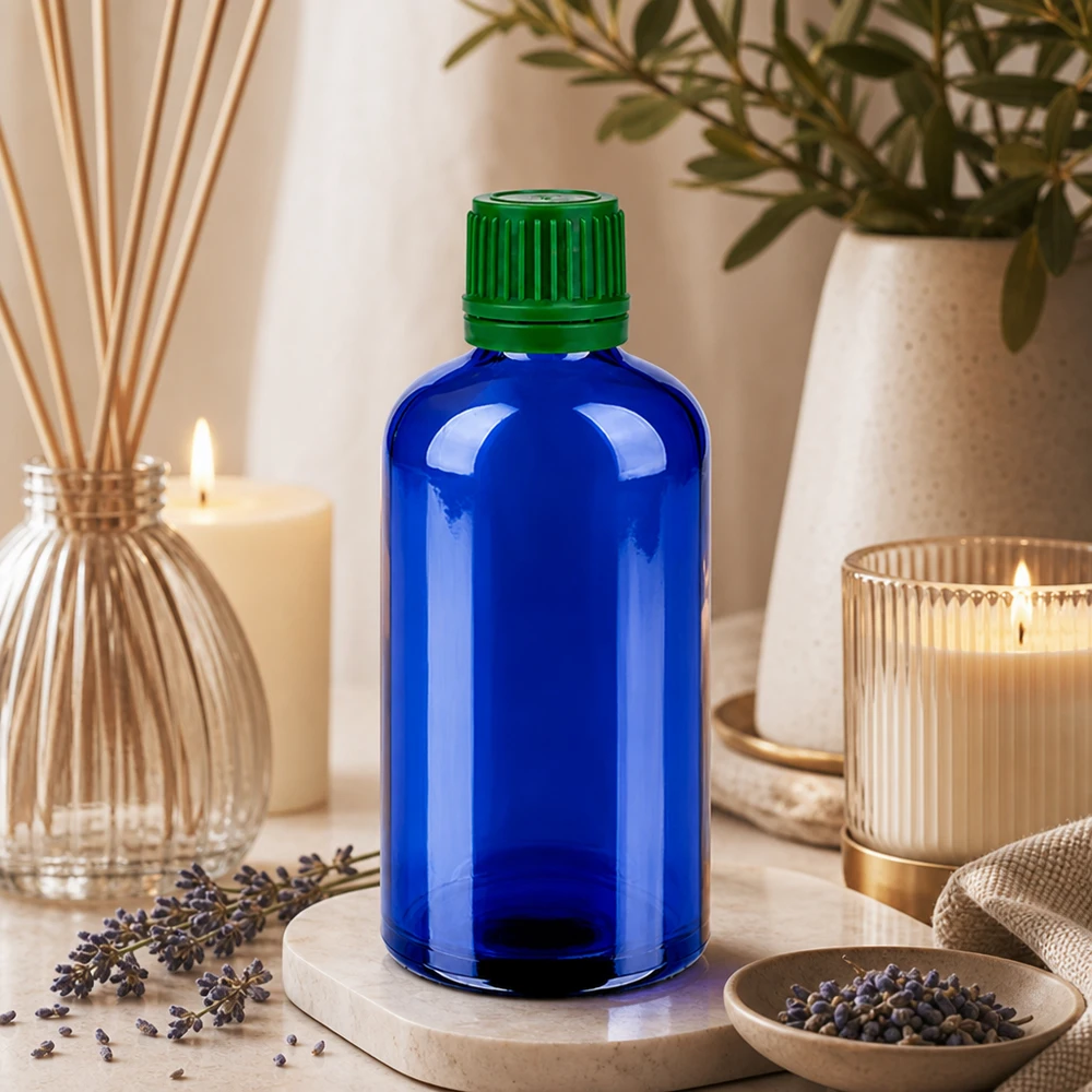 Butelka 100 ml 11 mm SV zielona OV BlueLine UT18/100 100 ml fioletowa szklana butelka z ochroną UV i zieloną nakrętką do substancji wrażliwych na światło