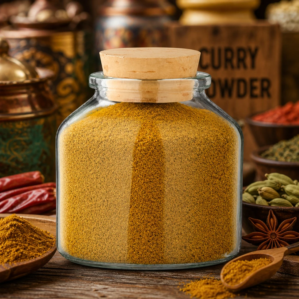 Przezroczysty słoik na przyprawy Round o pojemności 100 ml z korkiem, wypełniony curry w proszku, otoczony przyprawami