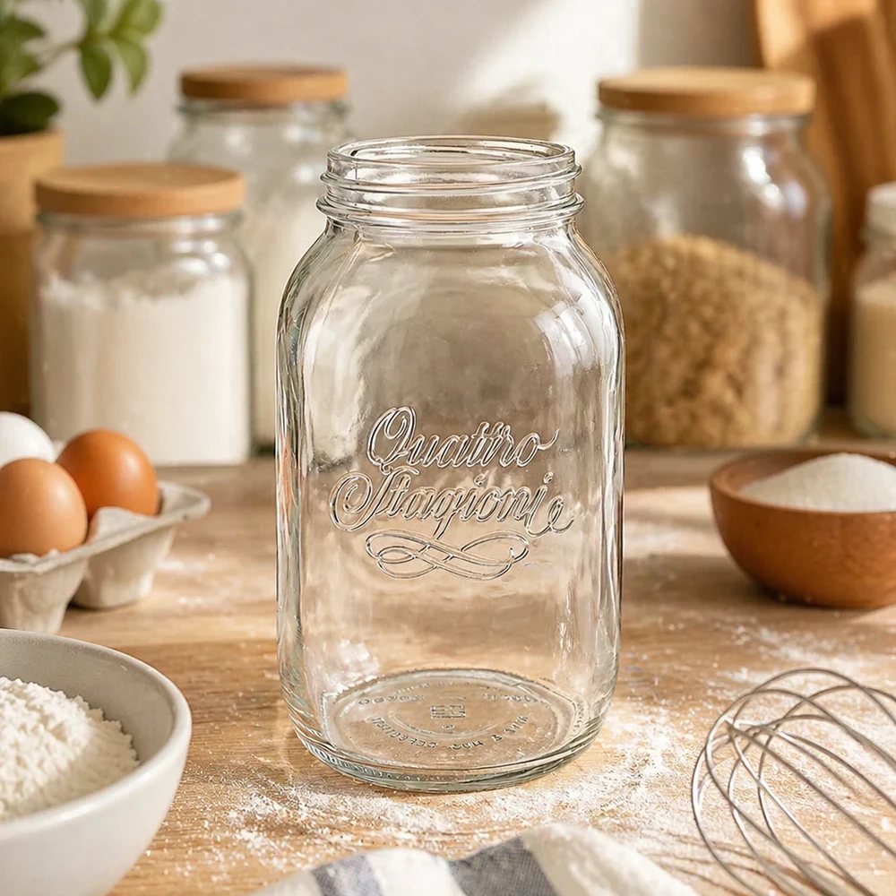 Słoik 1500ml Quattro Stagioni z zakrętką na drewnianym stole ze składnikami do pieczenia i przyborami kuchennymi