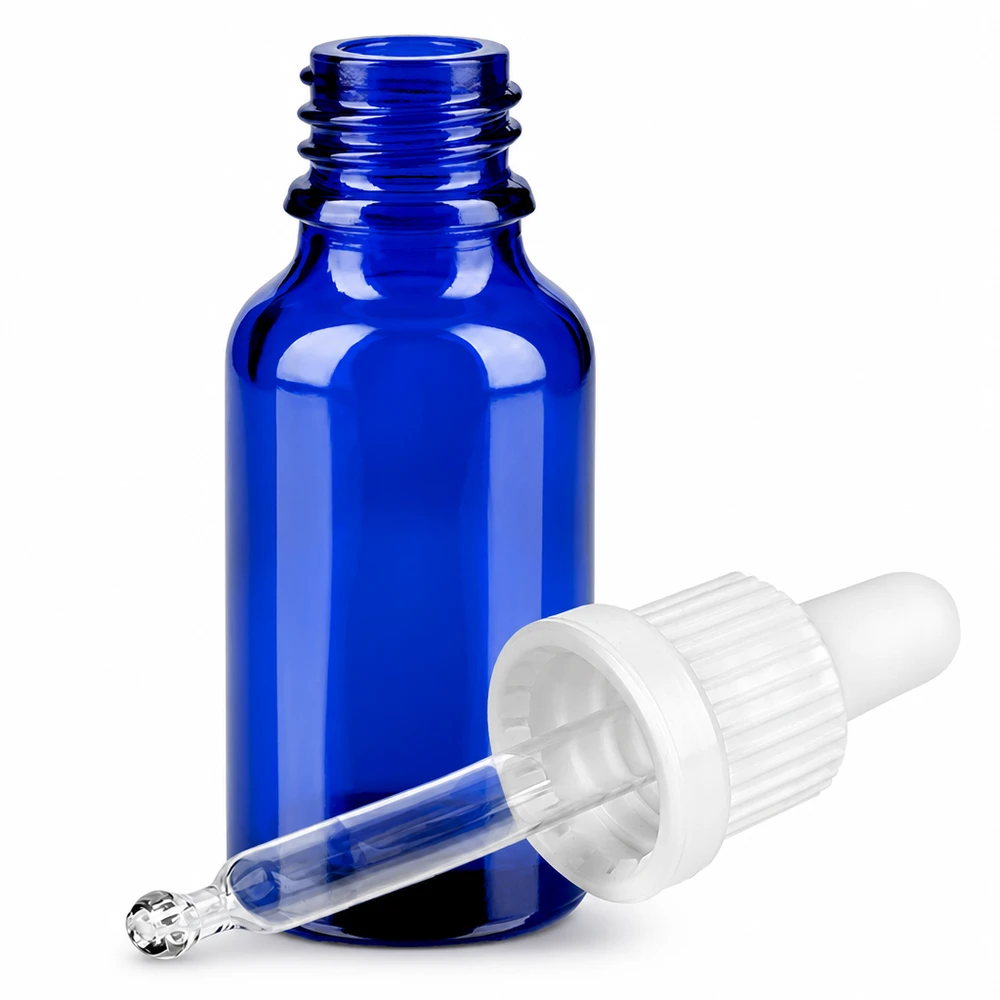 Niebieska szklana butelka 20 ml z pipetą z zakraplaczem do olejków eterycznych i kosmetyków