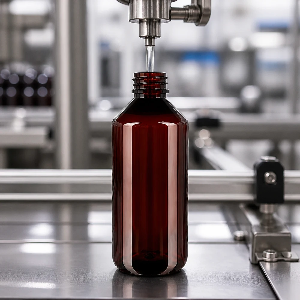 Linia rozlewnicza napełnia przemysłowo brązowe butelki PET o pojemności 1000 ml z czerwonym zamknięciem zabezpieczającym