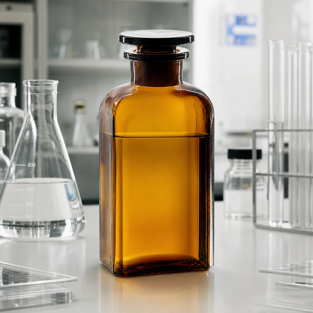 Szklana butelka laboratoryjna z brązowego szkła, 250 ml, kwadratowa, z korkiem szlifowanym, do przechowywania w ciemności